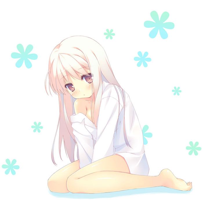 10s, 1girl, barefoot, bottomless, female_focus, hitoguchi_(hioxhio), long_hair, naked_shirt, red_eyes, sakura-sou_no_pet_na_kanojo, shiina_mashiro, shirt, sitting, solo, wariza, white_hair, white_shirt
