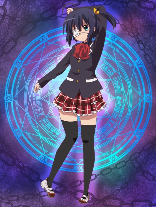 10s, 1girl, black_hair, blue_eyes, chuunibyou_demo_koi_ga_shitai!, eyepatch, female_focus, magic_circle
