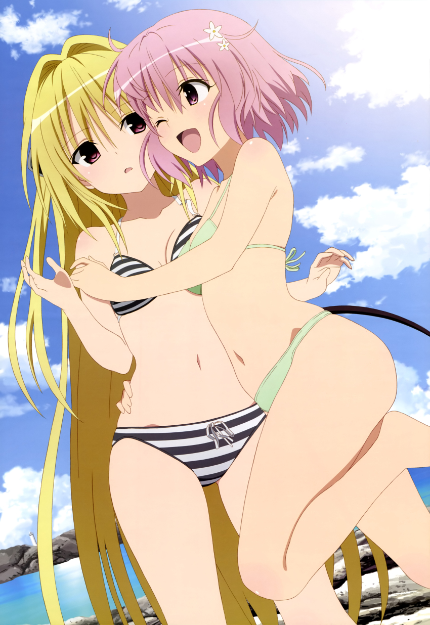 10s, 2girls, absurdres, bikini, blonde_hair, cloud, day, highres, konjiki_no_yami, legs, long_hair, momo_velia_deviluke, multiple_girls, navel, nishitani_yasushi, nishiya_yasushi, non-web_source, nyantype, official_art, one_eye_closed, outdoors, pink_hair, red_eyes, scan, short_hair, sky, striped_bikini, striped_clothes, swimsuit, tail, to_love-ru, to_love-ru_darkness, very_long_hair, water, wink