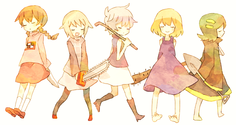 .flow, 5girls, answered_prayers, arms_behind_back, barefoot, baseball_bat, blonde_hair, blush