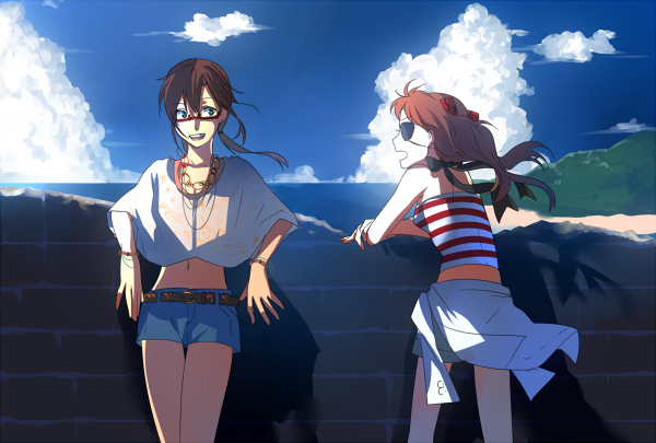 10s, 2girls, asukasukisuki, bad_id, bad_pixiv_id, blue_eyes, brown_hair, cloud