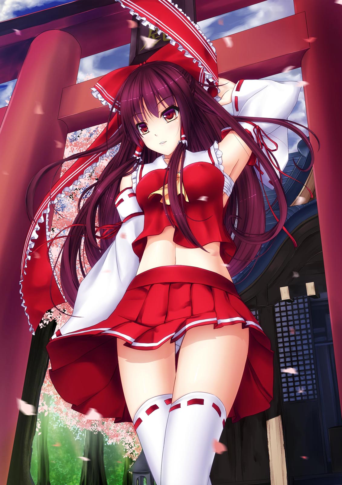 1girl, ascot, bandages, blush, bow, brown_hair, cherry_blossoms, detached_sleeves