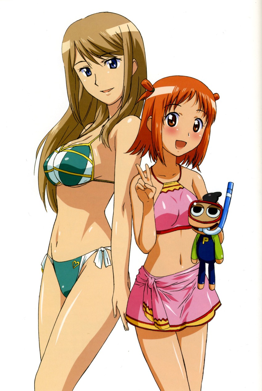 00s, 2girls, back-to-back, bikini, blue_eyes, blush, breasts, brown_eyes, brown_hair, cleavage, ginga_kuon, gokujou_seitokai, happy, highres, long_hair, midriff, multiple_girls, navel, orange_hair, pucchan, randou_rino, sarong, scan, short_hair, side-tie_bikini_bottom, swimsuit, tankini, underboob, v