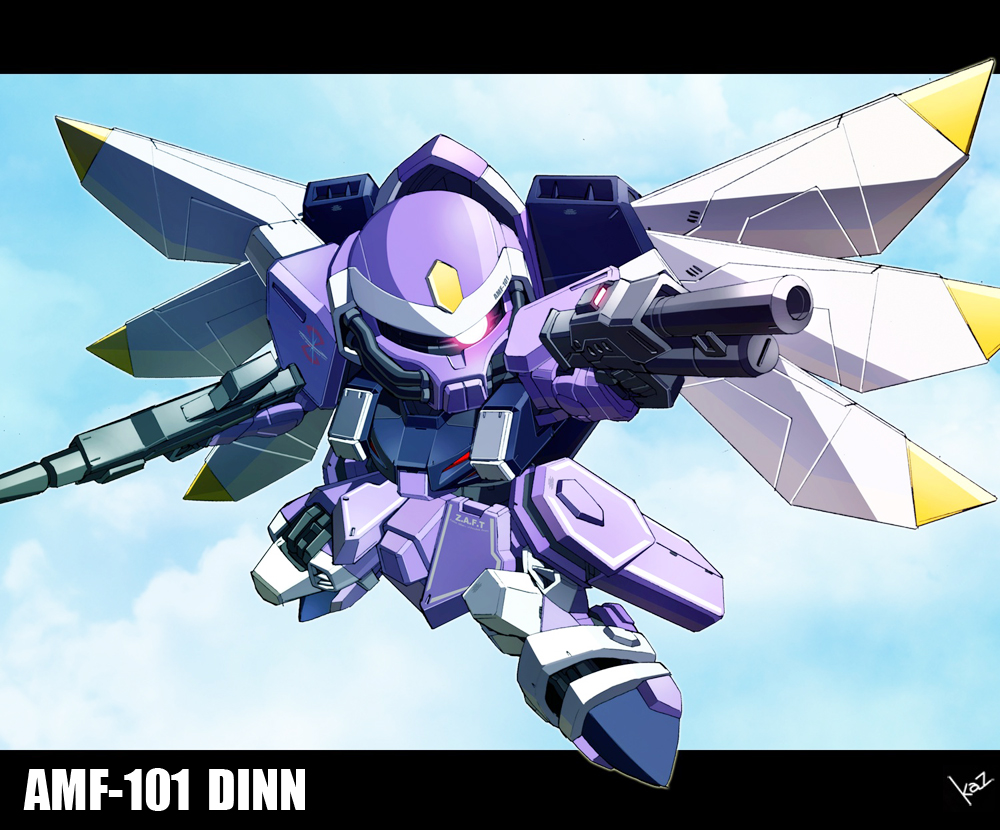blue_sky, character_name, chibi, cloud, day, dinn_(suikoden), dual_wielding, gun, gundam, gundam_seed, holding, kaz_(kaz323), letterboxed, machine_gun, mecha, no_humans, robot, shotgun, signature, sky, solo, weapon