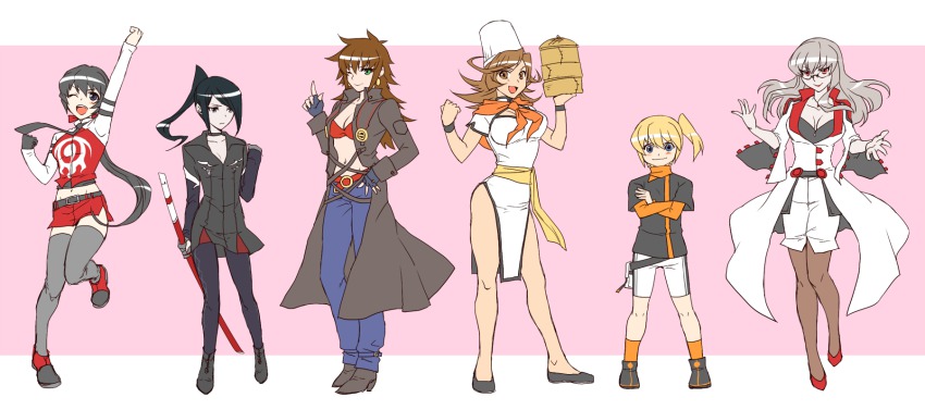 6+girls, arc_system_works, belt, bespectacled, black_eyes, black_hair, blonde_hair, blue_eyes, blush, boots, bra, bracelet, bravo_peperoncine, breasts, brown_eyes, brown_hair, cait_whisker, cerberus_black, chaos_code, chef_hat, chinese_clothes, choker, coat, dress, elbow_gloves, esaka, fingerless_gloves, fk_digital, flat_chest, frown, gender_request, genderswap, glasses, gloves, green_eyes, grin, hat, high_heels, highres, jewelry, kudlak_aima, long_hair, miniskirt, multiple_girls, open_mouth, otagi_hikaru, pale_skin, pantyhose, ponytail, red_eyes, ribbon, sheath, sheathed, shoes, shorts, side_ponytail, silver_hair, skirt, smile, sword, thighhighs, trench_coat, underwear, vein_(chaos_code), very_long_hair, weapon