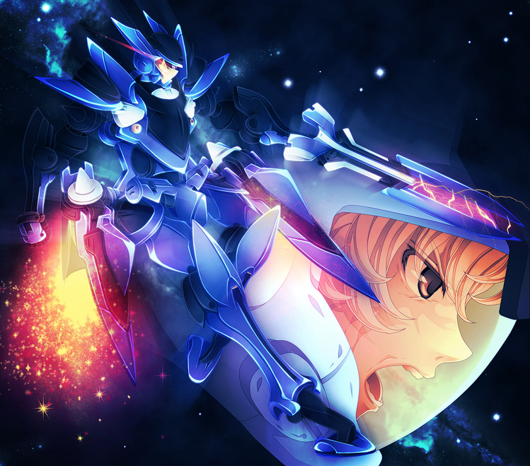 00s, 1boy, beam_rifle, blonde_hair, brave, brave_commander_test_type, brown_eyes, energy_gun