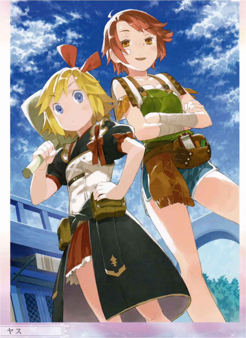 2girls, bandages, blonde_hair, blue_eyes, brown_eyes, elena_(rune_factory_oceans), hair_ribbon, hammer