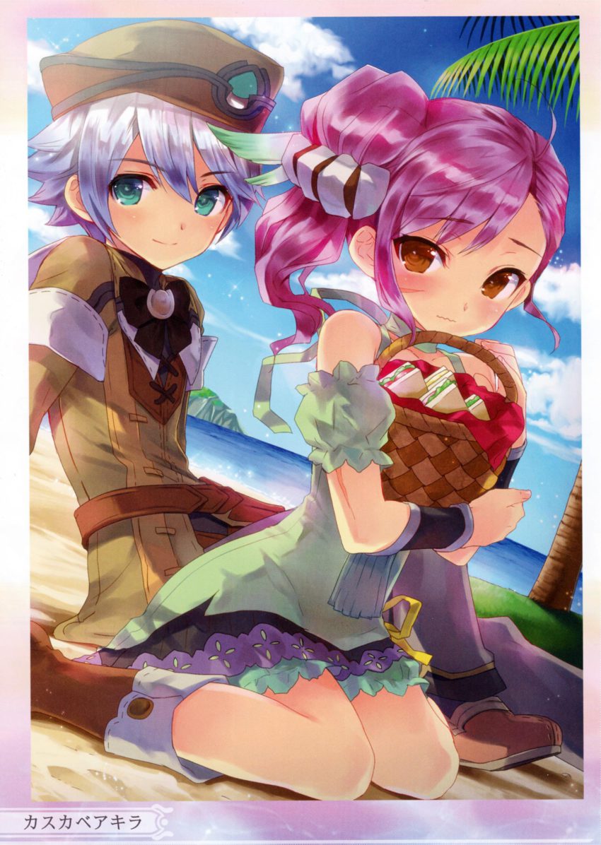 >:), 1boy, 1girl, ahoge, arm_support, artist_name, asymmetrical_bangs, azel_(rune_factory)