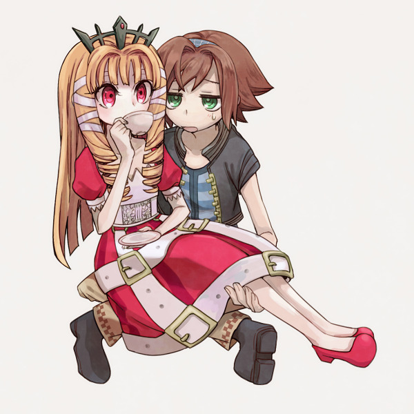 1boy, 1girl, belt, blonde_hair, boku_to_maou, brown_hair, dress, drill_hair