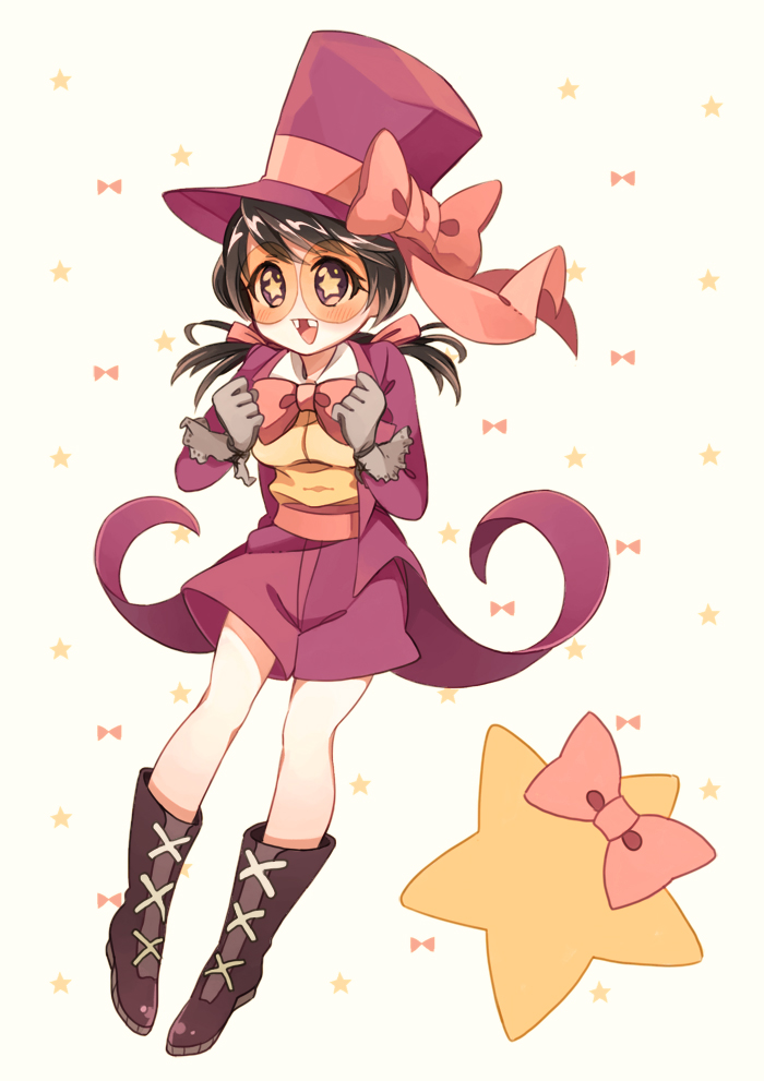 1girl, black_hair, blush, breasts, female_focus, gender_request, genderswap, glasses, gloves, hat, long_hair, purple_eyes, ribbon, solo, star_(symbol), superjail, the_warden, top_hat, tsumuri, twintails, warden_(superjail)