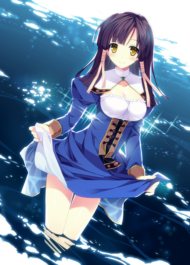 1girl, akisoba, atelier_(series), atelier_lilie, atelier_lilie_another_story, breasts, cleavage, clothes_lift, dress, dress_lift, female_focus, hair_tubes, holding_own_dress, lilie_(atelier), purple_hair, solo, water, yellow_eyes