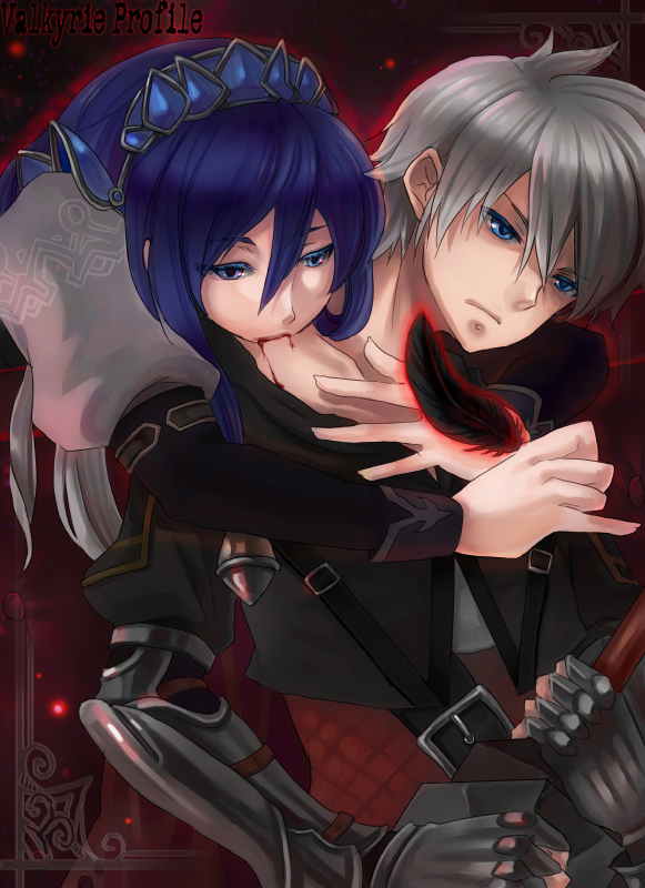 1boy, 1girl, ailyth, armor, biting, blood, blue_eyes, feathers