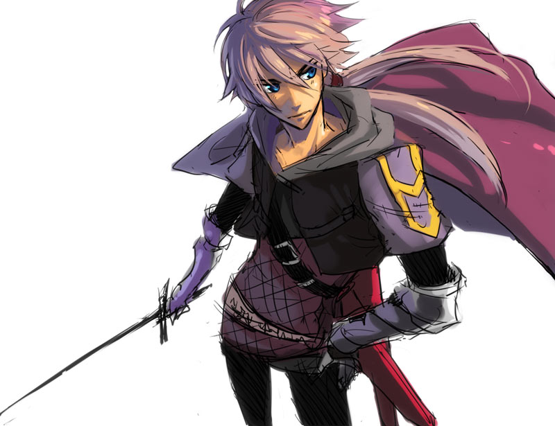 1boy, armor, blue_eyes, kiritachi, silver_hair, sword, valkyrie_profile:_covenant_of_the_plume, valkyrie_profile_(series), weapon, wylfred