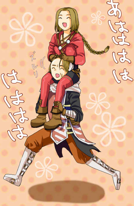 1boy, 1girl, brown_hair, cape, cheripha, father_and_child, father_and_daughter, lockswell