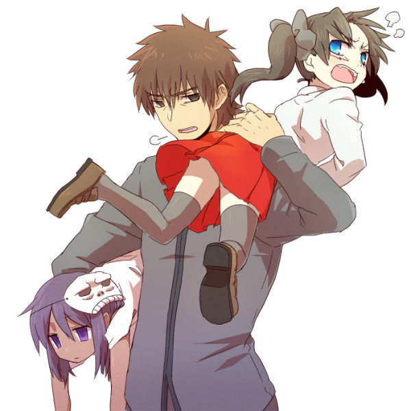 1boy, 2girls, aged_down, assassin_(fate/zero), blue_eyes, brown_eyes, brown_hair, carrying