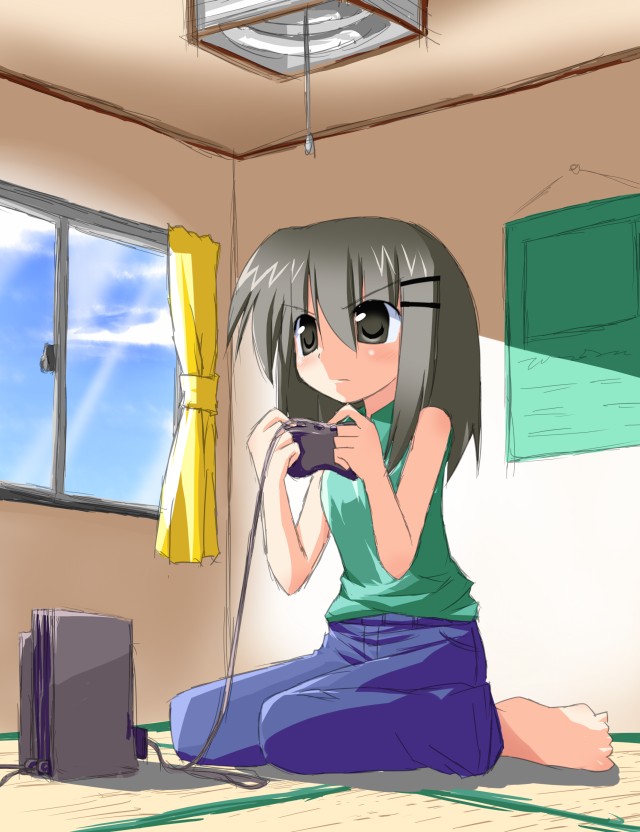 1girl, barefoot, feet, female_focus, game_console, hair_ornament, hairclip, hoshi_umi