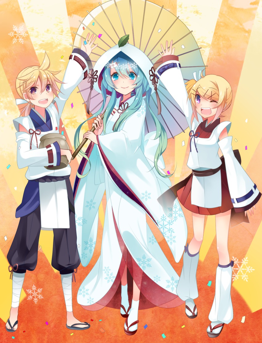 1boy, 2girls, aqua_eyes, aqua_hair, arm_up, bad_id, bad_pixiv_id, blonde_hair, confetti, detached_sleeves, hair_ornament, hairclip, hatsune_miku, highres, kagamine_len_(indigo), japanese_clothes, kagamine_len, kagamine_rin, kimono, long_hair, multiple_girls, oil-paper_umbrella, one_eye_closed, ponytail, purple_eyes, kagamine_rin_(raspberry), sandals, short_hair, skirt, smile, snowflakes, temari_(deae), uchikake, umbrella, vocaloid, wink, yuki_miku