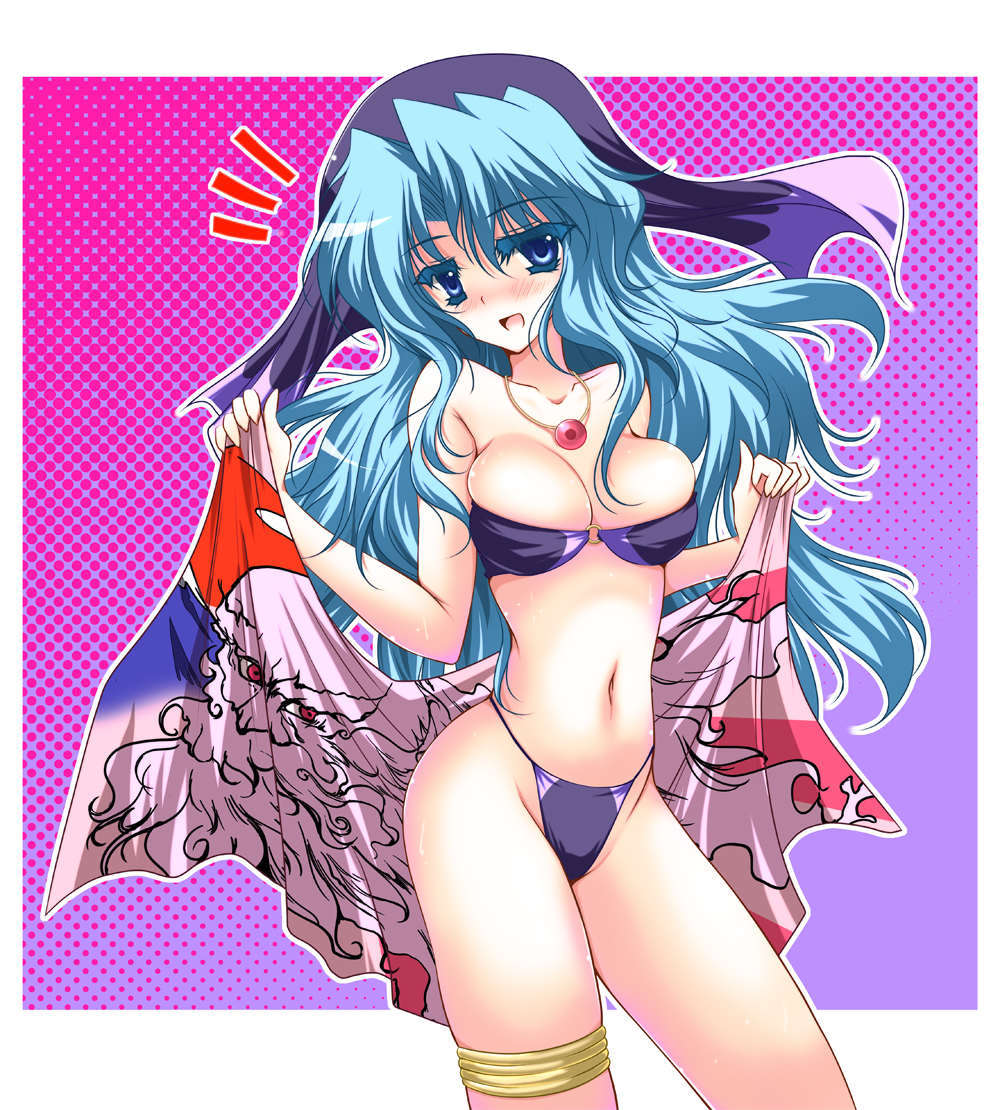 1girl, :d, alternate_hair_length, alternate_hairstyle, bare_shoulders, bikini, blue_eyes, blue_hair