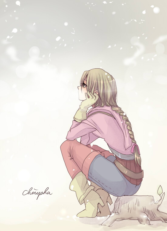 1girl, boots, braid, brown_hair, character_name, cheripha, female_focus, gloves