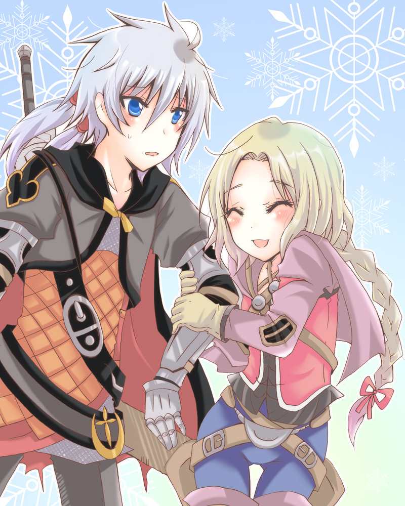 1boy, 1girl, armor, brown_hair, cheripha, pata_(teihanpatsu), silver_hair, sword, valkyrie_profile:_covenant_of_the_plume, valkyrie_profile_(series), weapon, wylfred