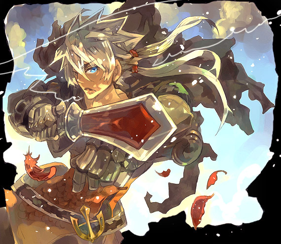 1boy, armor, blue_eyes, male_focus, rk_(azukiuguisu), silver_hair, solo, sword