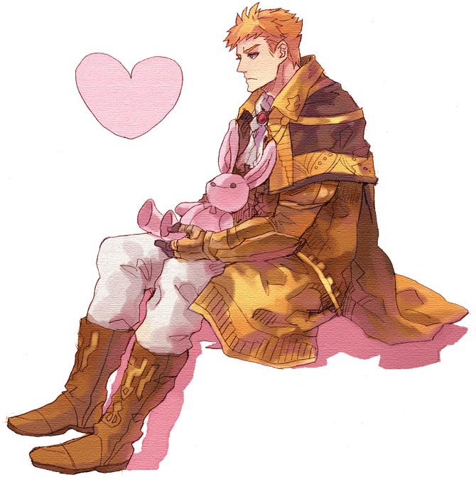 1boy, armor, blonde_hair, doll, langrey, male_focus, prince, ritsuko_(rittii), solo, stuffed_animal, stuffed_toy, valkyrie_profile:_covenant_of_the_plume, valkyrie_profile_(series)