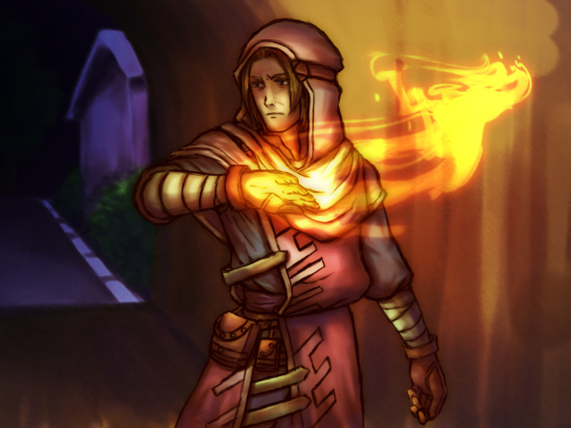 1boy, brown_hair, fire, lockswell, male_focus, solo, valkyrie_profile:_covenant_of_the_plume, valkyrie_profile_(series)