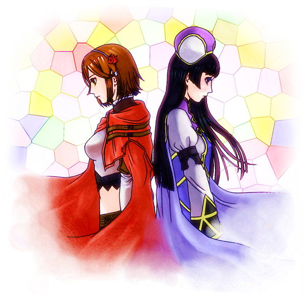 2girls, black_hair, brown_hair, lieselotte, multiple_girls, murasaki_(ekyu), rosea, valkyrie_profile:_covenant_of_the_plume, valkyrie_profile_(series)