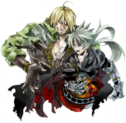 2boys, armor, blonde_hair, gwendal, haimi, lowres, male_focus, multiple_boys