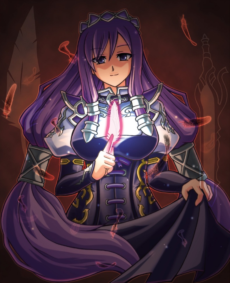 1girl, ailyth, feathers, female_focus, long_hair, maid, purple_hair, solo