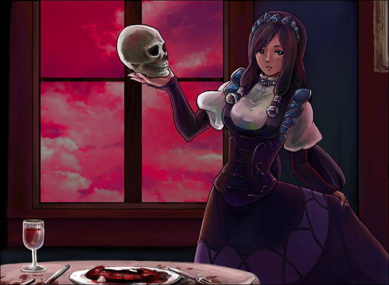 1girl, ailyth, female_focus, hanadideru, long_hair, maid, purple_hair, skull