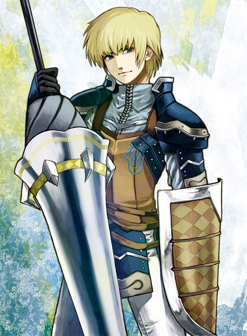 1boy, armor, blonde_hair, earnest, knight, kuniomi, lance, male_focus