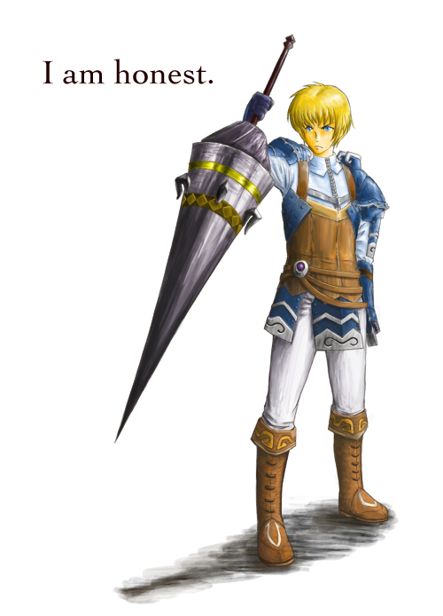 1boy, armor, blonde_hair, earnest, knight, lance, male_focus, polearm, solo, spear, valkyrie_profile:_covenant_of_the_plume, valkyrie_profile_(series), weapon