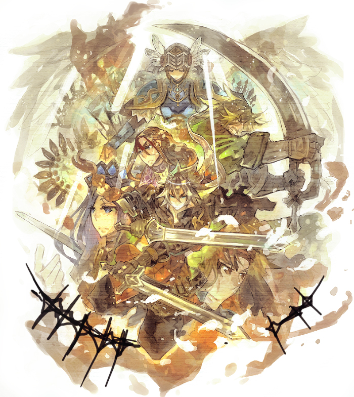 2girls, 4boys, ailyth, ancel, armor, darius_(series), dual_wielding, gwendal, holding, lenneth, multiple_boys, multiple_girls, rk_(azukiuguisu), sword, valkyrie_profile:_covenant_of_the_plume, valkyrie_profile_(series), weapon, wylfred