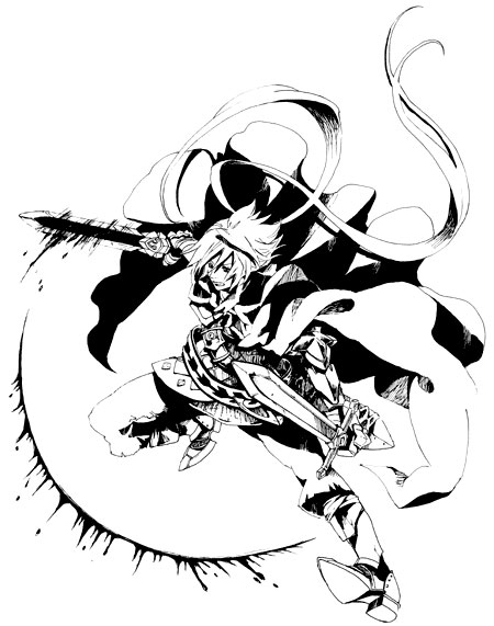 1boy, armor, cape, haimi, male_focus, monochrome, solo, sword, valkyrie_profile:_covenant_of_the_plume, valkyrie_profile_(series), weapon, wylfred