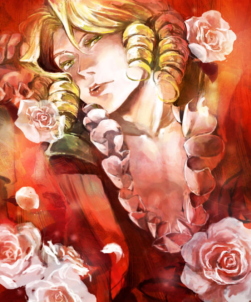 1boy, blonde_hair, fauxnel, flower, haimi, male_focus, rose, solo