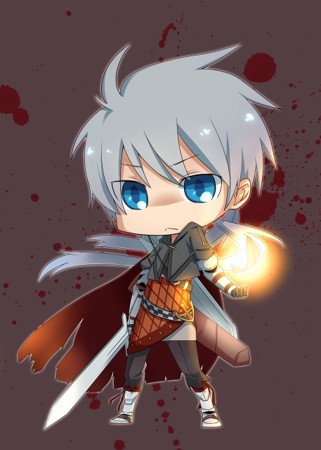 1boy, armor, blue_eyes, cape, feathers, male_focus, silver_hair, solo