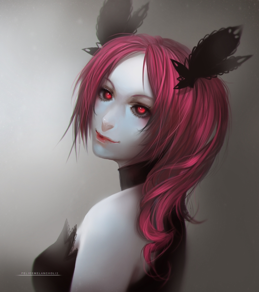 1girl, artist_name, choker, felice, felicemelancholie, female_focus, glowing, glowing_eyes, hair_ornament, pale_skin, pink_hair, portrait, red_eyes, shiki_(novel), shimizu_megumi, smirk, solo, vampire