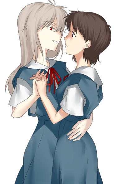 2girls, asukasukisuki, bad_id, bad_pixiv_id, blue_eyes, brown_hair, genderswap, genderswap_(mtf), ikari_shinji, image_sample, long_hair, multiple_girls, nagisa_kaworu, neon_genesis_evangelion, pixiv_sample, red_eyes, school_uniform, short_hair, smile, takaraizu, white_hair, yuri