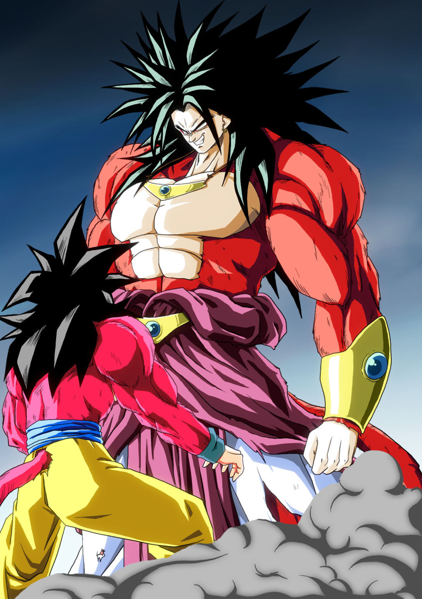 abs, baggy_pants, black_hair, broly_(dragon_ball_z), dragon_ball, earrings, fur, gem
