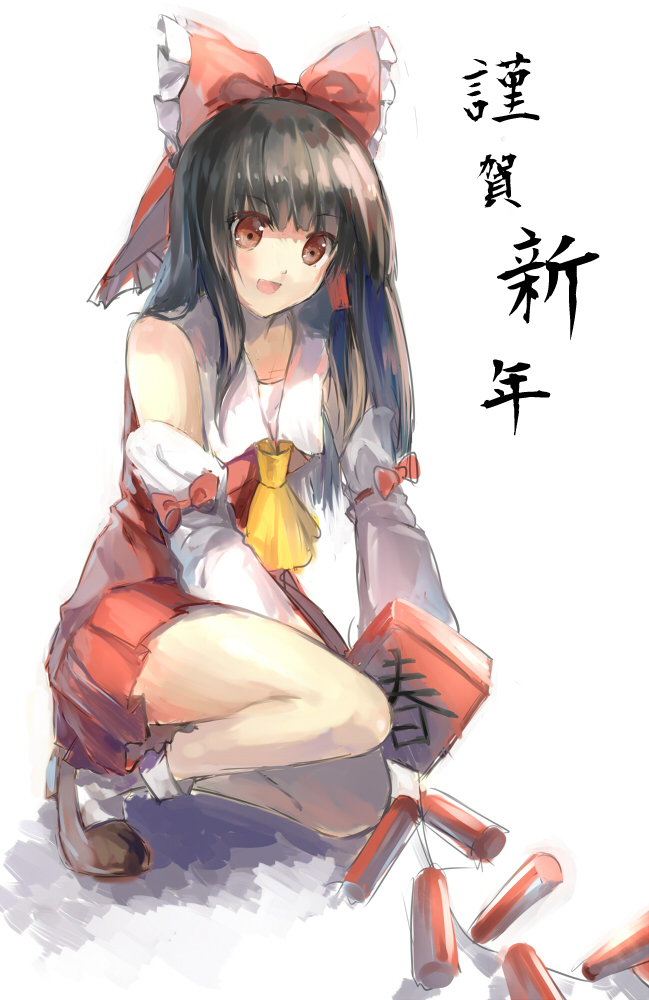 1girl, black_hair, brown_eyes, detached_sleeves, female_focus, firecrackers, hair_tubes, hakurei_reimu