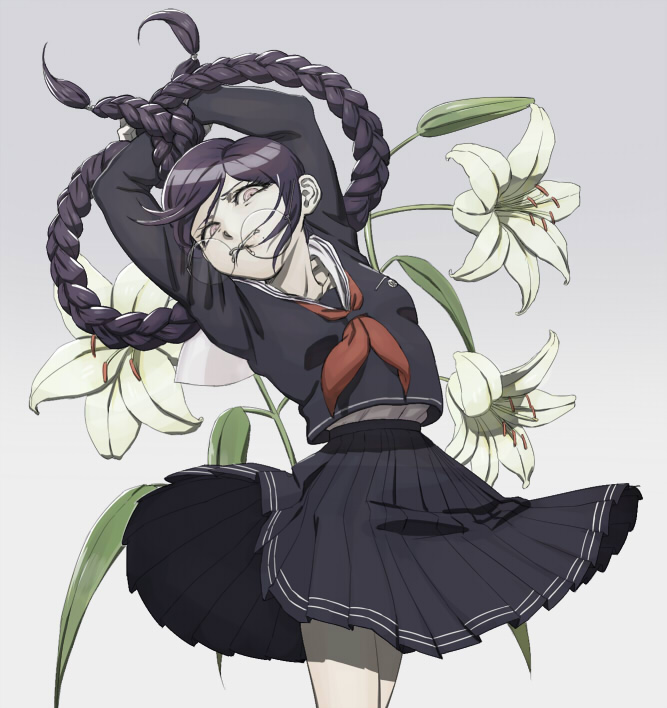 10s, 1girl, bad_id, bad_pixiv_id, bdsm, black_hair, bondage, bound, braid, crooked_eyewear, danganronpa:_trigger_happy_havoc, danganronpa_(series), female_focus, flower, fukawa_toko, glasses, long_hair, pall, purple_eyes, purple_hair, red_eyes, school_uniform, serafuku, solo, twin_braids