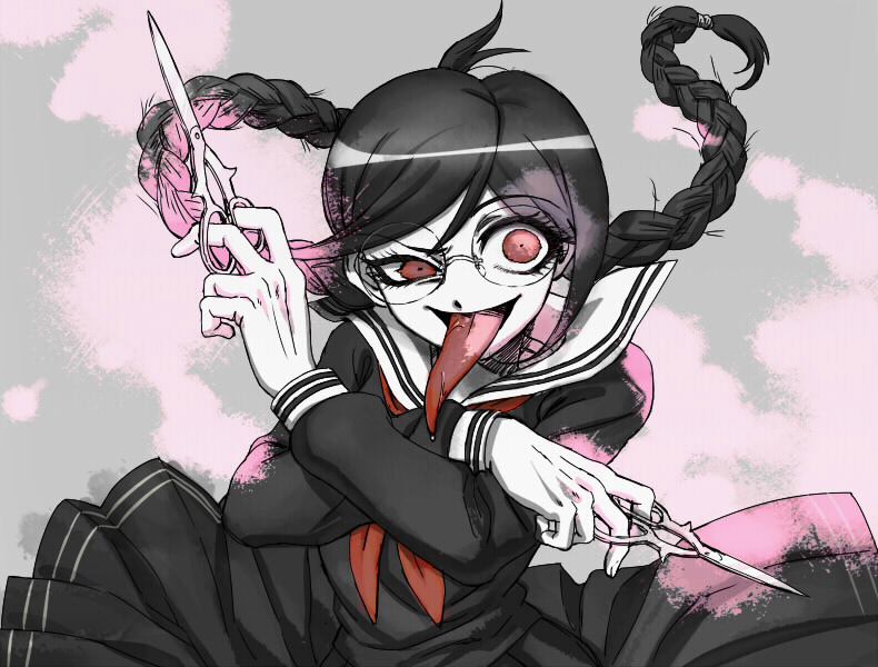 10s, bad_id, bad_pixiv_id, black_hair, braid, crazy_eyes, danganronpa:_trigger_happy_havoc, danganronpa_(series), fukawa_toko, genocider_sho, glasses, long_hair, pall, red_eyes, school_uniform, scissors, serafuku, solo, spoilers, tongue, twin_braids