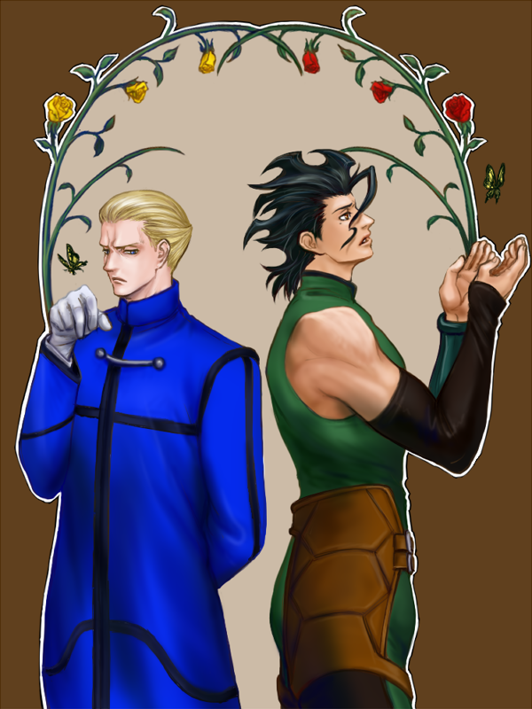 2boys, ahoge, black_hair, blonde_hair, blue_eyes, bug, butterfly, diarmuid_ua_duibhne_(fate)