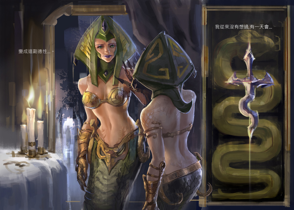 1girl, armor, back, bare_shoulders, bikini, bikini_armor, bikini_top_only, breasts, candle, cassiopeia_(league_of_legends), chinese_text, female_focus, forehead_jewel, gauntlets, green_eyes, guan-yu_chen, headdress, lamia, league_of_legends, lipstick, makeup, mirror, mirror_image, monster_girl, navel, purple_lips, reflection, scales, snake_tail, solo, swimsuit, tail, traditional_chinese_text, translation_request, yellow_bikini
