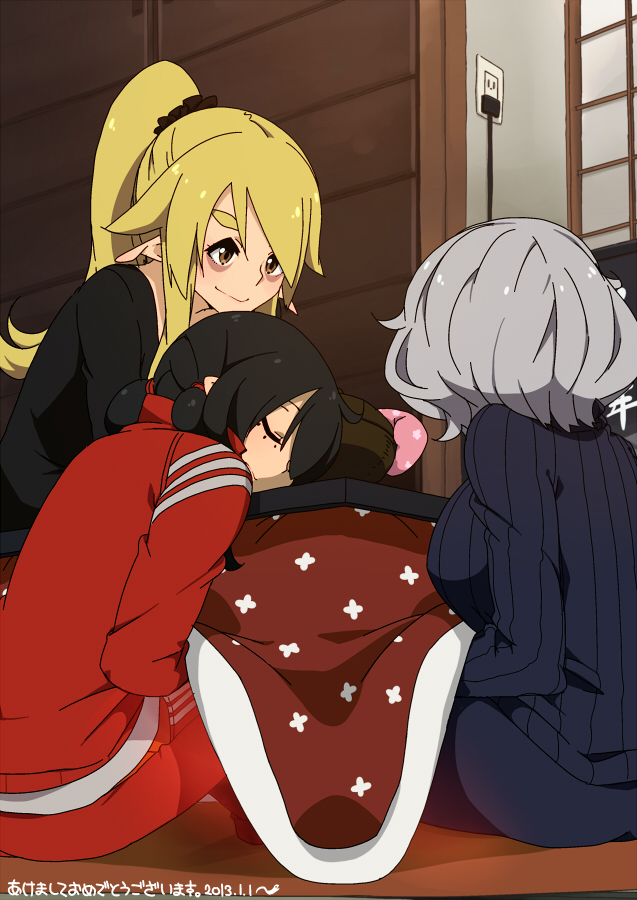 3girls, akeome, bags_under_eyes, black_hair, blonde_hair, blush, fuguu-chan, jacket