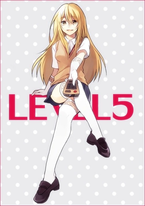 +_+, 1girl, blonde_hair, controller, crossed_legs, elbow_gloves, female_focus, foreshortening