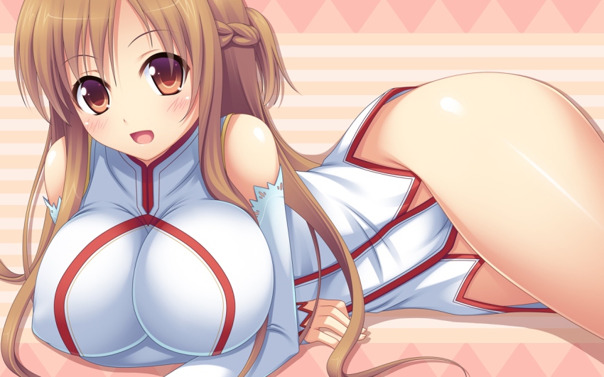 10s, 1girl, :d, abstract_background, asuna_(sao), bare_shoulders, blush, breasts, brown_eyes, brown_hair, detached_sleeves, dress, female_focus, impossible_clothes, impossible_dress, large_breasts, lying, miu_(c_blue), no_pants, on_stomach, open_mouth, side_slit, smile, solo, sword_art_online, thighs