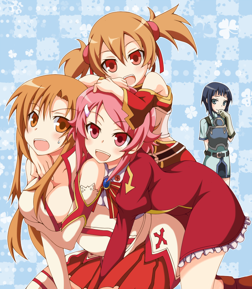 10s, 4girls, asuna_(sao), black_hair, brown_hair, gacchi_(supergatchi), image_sample, lisbeth_(sao), multiple_girls, pink_hair, pixiv_sample, sachi_(sao), silica, sword, sword_art_online, weapon