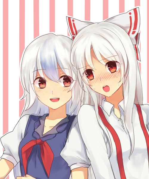 2girls, amazakesakumi1222, bad_id, bad_pixiv_id, blush, female_focus, fujiwara_no_mokou, kamishirasawa_keine